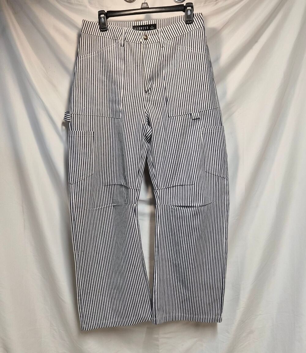 Lioness Navy Blue White Striped Canvas Barrel Leg Pant Womens S Workroom Utility